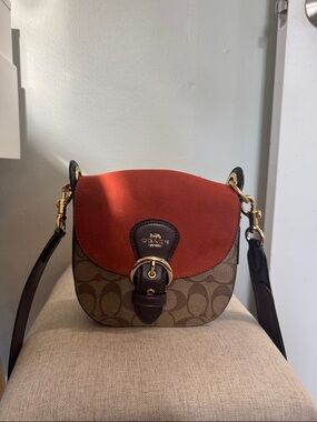 Coach Crossbody Saddle Bag with Rust Suede Flap and Signature Canvas